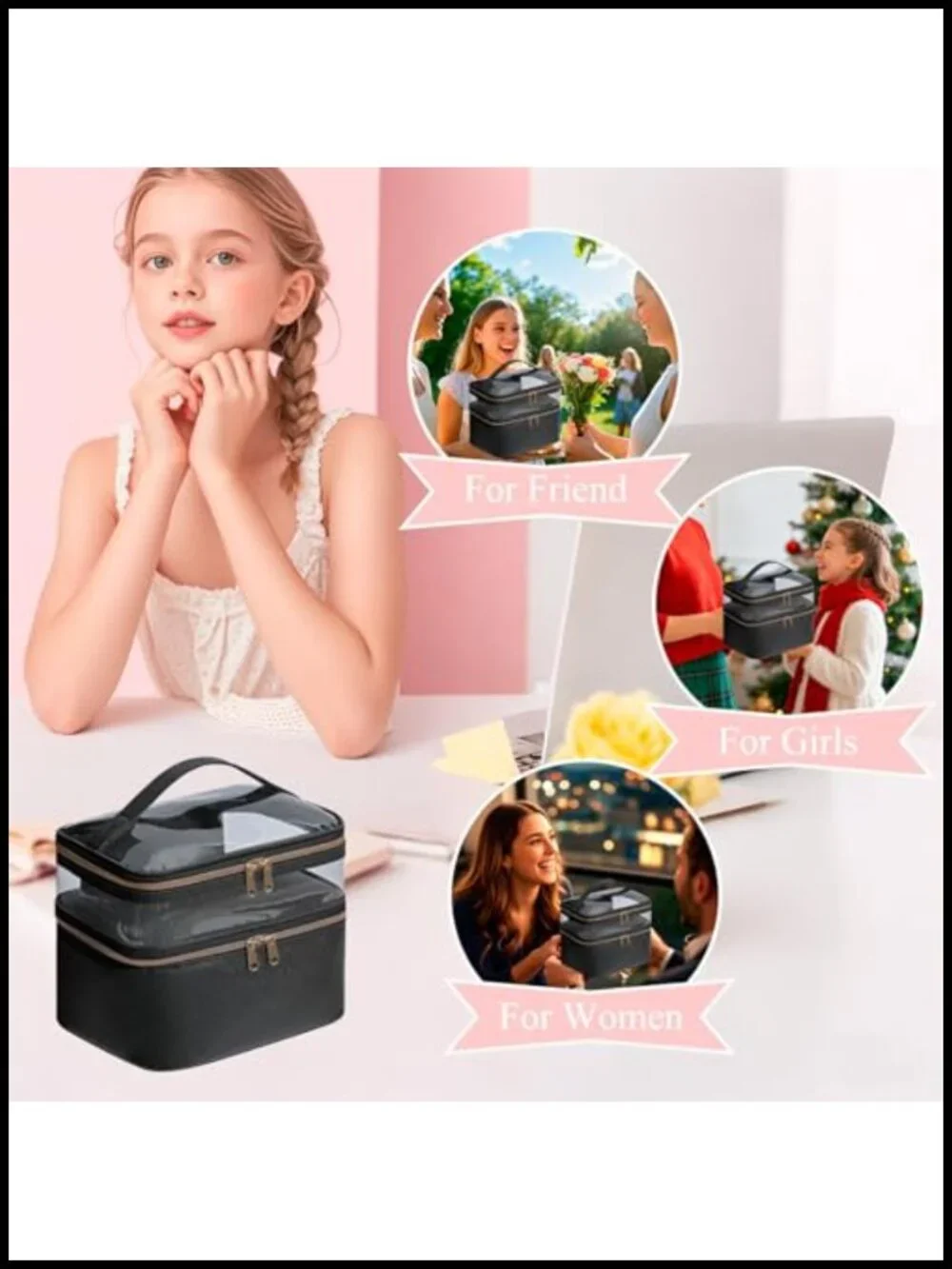 Large Double Layer Makeup Bag with Brush Storage, Waterproof Leather Toiletry